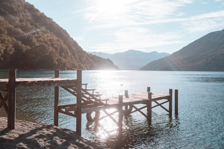 Wooden pier in serenity lake in Patagonia, Argentinaの写真素材