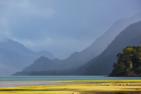 Beautiful mountain landscapes along Carretera Austral, Patagonia, South Chileの写真素材
