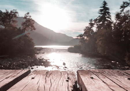 Wooden pier in serenity lake in Cordillera mountains, Peruの写真素材