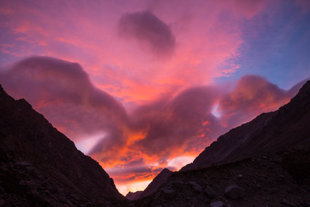 Scenic Sunset in the mountains. Beautiful natural background. Cordillera mountains in Peru.の写真素材