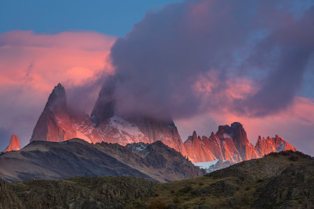Famous Cerro Fitz Roy  and Cerro Torre- one of the most beautiful and hard to accent rocky peaks in Patagonia, Argentinaの写真素材