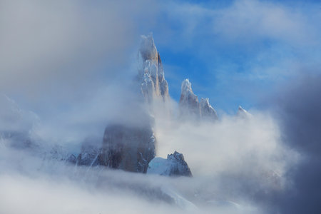 Famous beautiful peak Cerro Torre in Patagonia mountains, Argentina. Beautiful mountains landscapes in South America. Autumn season.の写真素材