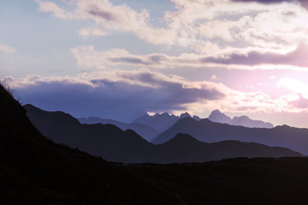 mountain silhouette at sunrise in Peru, South Americaの写真素材