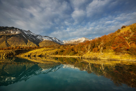 Autumn season in Patagonia mountains, South America, Argentinaの写真素材