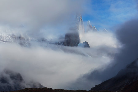 Famous beautiful peak Cerro Torre in Patagonia mountains, Argentina. Beautiful mountains landscapes in South America. Autumn season.の写真素材