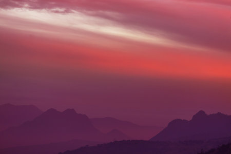 Scenic Sunset in the mountains. Beautiful natural background. Cordillera mountains in Peru.の写真素材