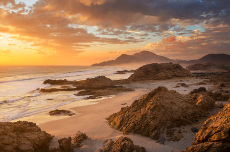Beautiful rocky beach on the Pacific Ocean in Chile, South Americaの写真素材