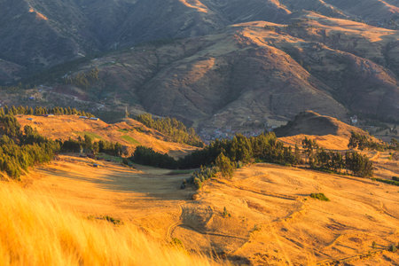 Agricultural Fields in brown mountains in the Peru, South Americaの写真素材