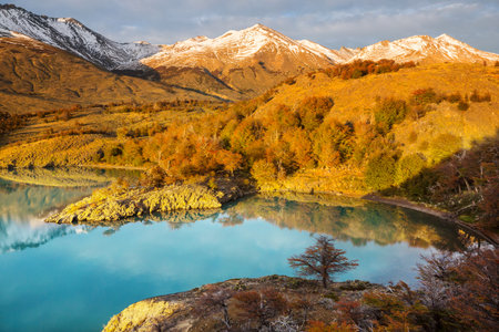 Autumn season in Patagonia mountains, South America, Argentinaの写真素材