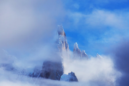 Famous beautiful peak Cerro Torre in Patagonia mountains, Argentina. Beautiful mountains landscapes in South America. Autumn season.の写真素材