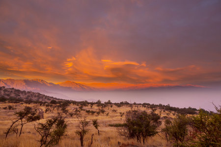 Scenic Sunset in the mountains. Beautiful natural background. Cordillera mountains in Peru.の写真素材