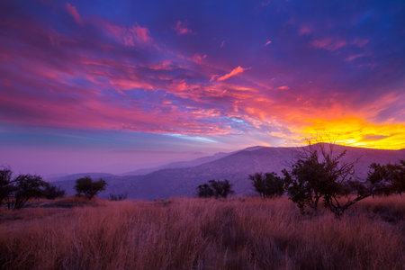 Scenic Sunset in the mountains. Beautiful natural background. Cordillera mountains in Peru.の写真素材