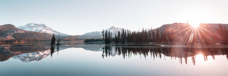 Serene beautiful lake in morning mountains, Oregon, USA.