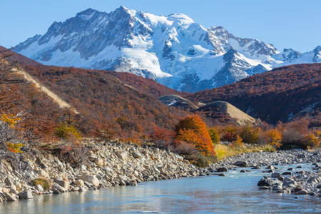Autumn season in Patagonia mountains, South America, Argentinaの写真素材