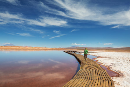 Man walking in the mountains in Northern Argentina, South Americaの写真素材