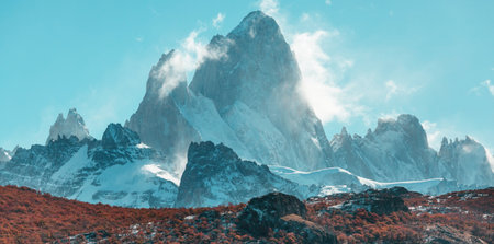Famous Cerro Fitz Roy  and Cerro Torre- one of the most beautiful and hard to accent rocky peaks in Patagonia, Argentina. Autumn season.の写真素材