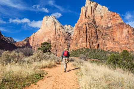 Hike in Zion National Park. Man walk on the trail  in Zion National park,Utah. Back turned no face visible.の写真素材
