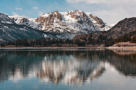 Beautiful nature scene in early winter mountains. Sierra Nevada landscapes. USA, California. Travel and winter vacation background.の写真素材