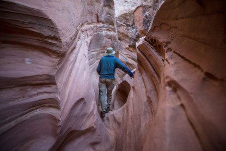 Slot canyon in Grand Staircase Escalante National park, Utah, USA. Unusual colorful sandstone formations in deserts of Utah are popular destination for hikers.の写真素材