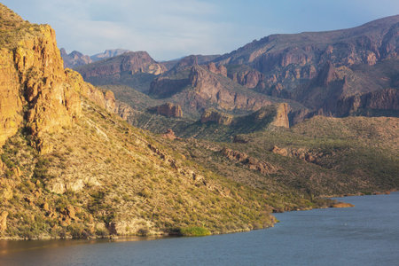 Cliffs and hills around Roosevelt lake in Central Arizona in spring season. Arizona, USAの写真素材