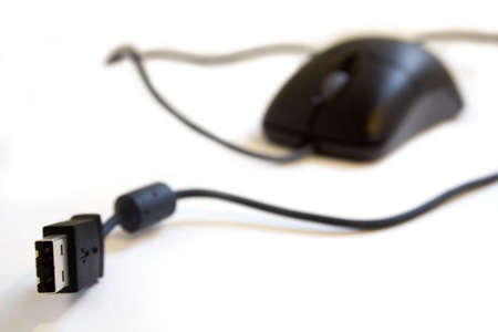 USB Mouse with the usb plug in the front (sharp) and the mouse in the background (blur)の素材 [FY310352991]