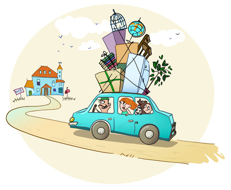 Moving in a new home  Happy family is on the way to a new house のイラスト素材