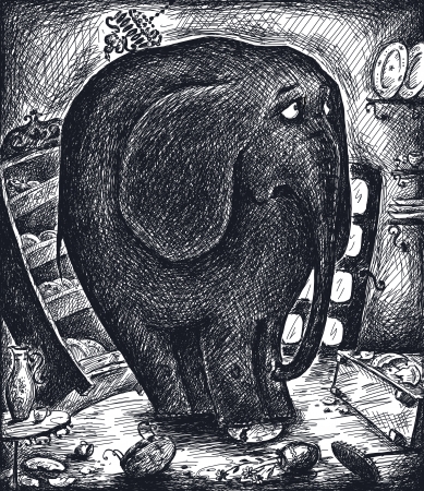 An illustration to a famous saying "An elephant in a china store"の写真素材