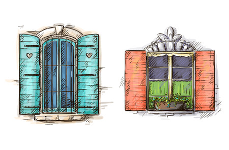 set of vintage windows hand drawnのイラスト素材