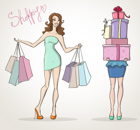  shopping girls fashion sale cartoon vector illustrationのイラスト素材