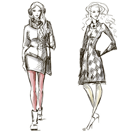 Fashion illustration winter style sketch hand drawnのイラスト素材