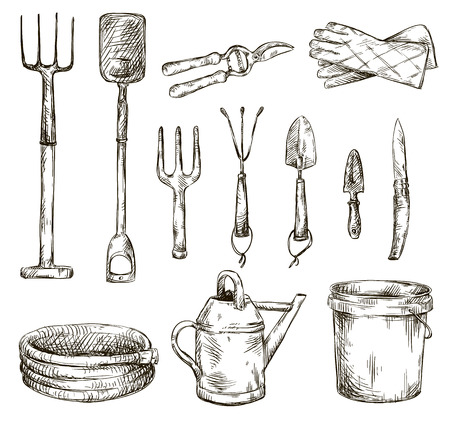 Set of gardening tools drawings, vector illustrations のイラスト素材