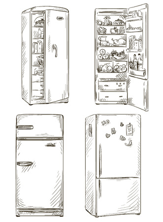 set of four hand drawn fridges  open fridge with healthy food  Vector illustration  のイラスト素材