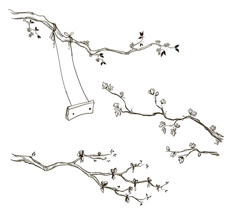 Set of doodle tree branches. Branch with a swing. Vector sketch.のイラスト素材