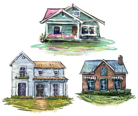 Set of private houses, hand drawn, vector illustrationのイラスト素材
