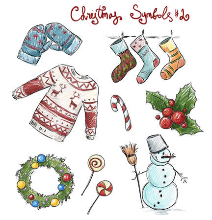 Doodle christmas symbols. Vector illustaration.のイラスト素材