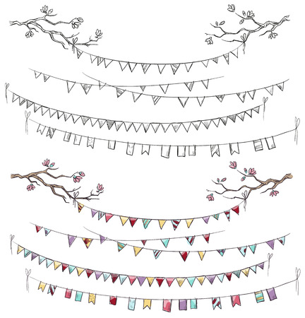 Doodle tree branches and party flags. Garlands. Decorations. Vector illustration.のイラスト素材