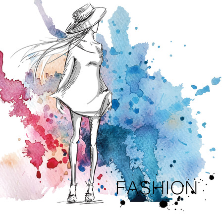 fashion sketch. Girl on a watercolor background.のイラスト素材