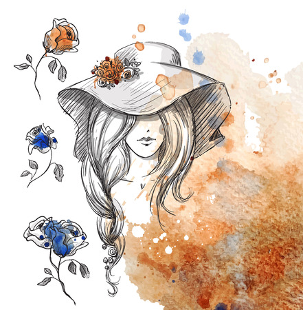 girl in a hat on a watercolor backgroundのイラスト素材