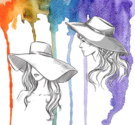 Fashion illustration. Girls in hats on a watercolor background.のイラスト素材