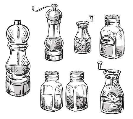 Salt and pepper shakers. Spice containers. Set of hand drawn illustrationsのイラスト素材