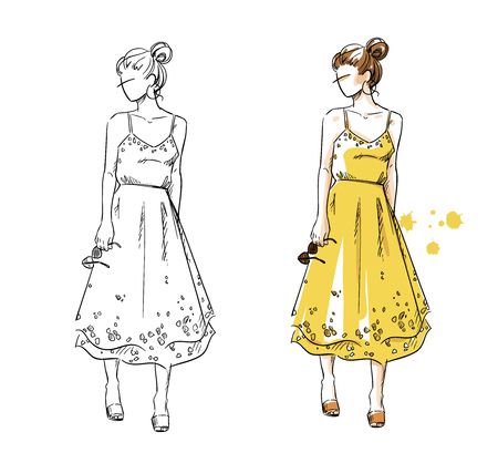 Summer look, girl in a yellow dress. Vector fashion illustrationのイラスト素材