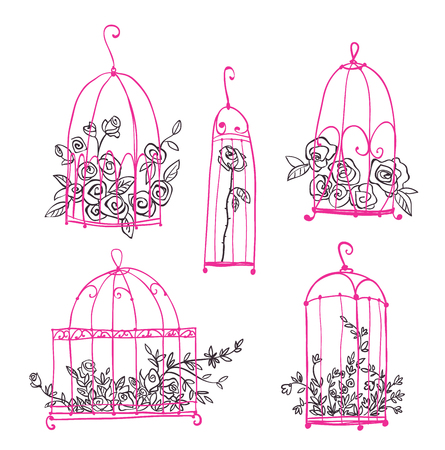 Set of decorative cages with flowersのイラスト素材
