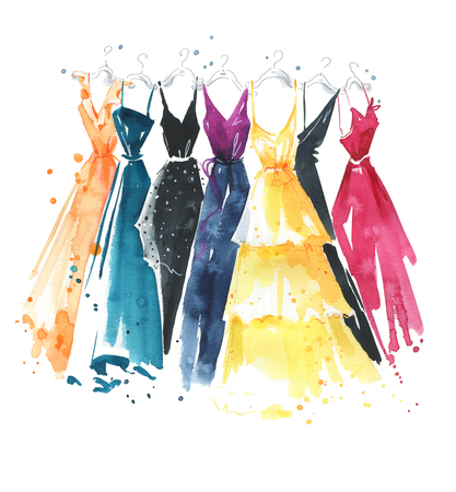 Set of watercolor dresses on hangers, fashion illustration