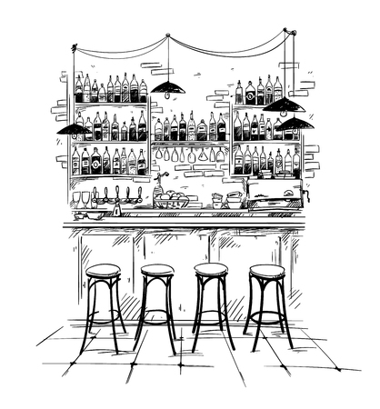 Bar interior setting, vector black and white sketchのイラスト素材