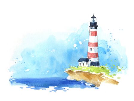 Watercolour sketch of a lighthouse at the seaside, seascape.の写真素材