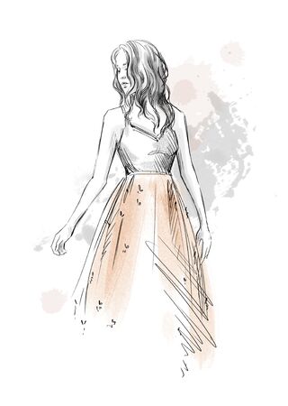 fashion illustration. Girl in a romantic dress.の写真素材