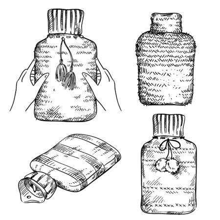 Set of rubber hot water bottles in knitted covers, vector sketchのイラスト素材