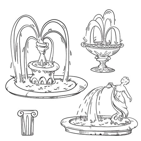 Set of outdoor vintage fountains, vector sketch.のイラスト素材