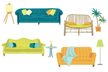 Set of four sofas and home decor elements, furniture. Vector illustrationのイラスト素材