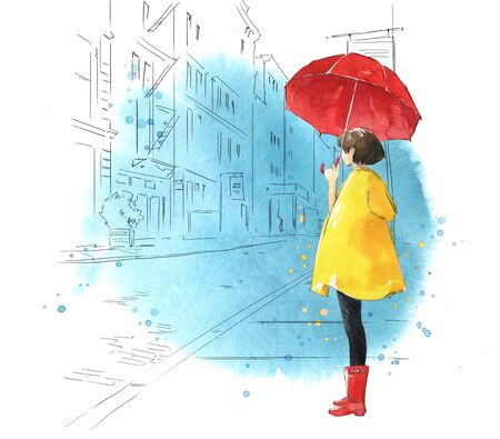 watercolor illustration of a young girl with umbrella  with a city scape on a backgroundの写真素材